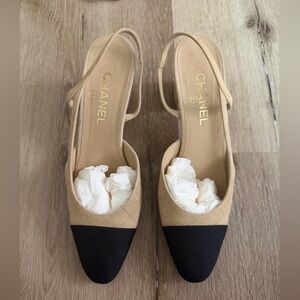CHANEL Goatskin & Grosgrain Slingback pumps in Beige and Black.